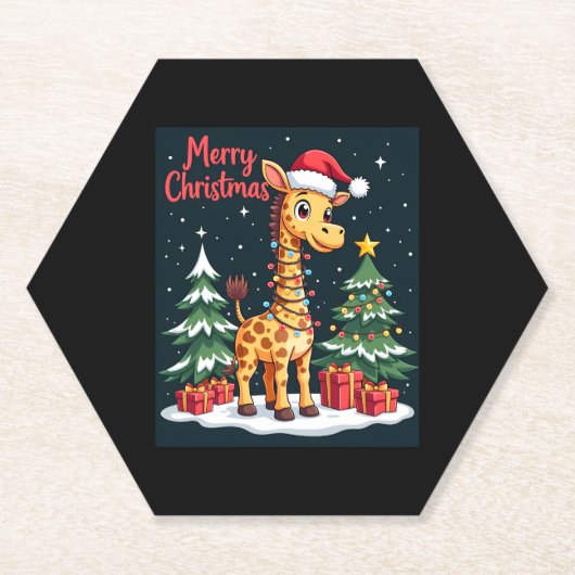 Giraffe Vrolijk Kerstboom Verlichting Santa Giraff Kartonnen Onderzetters (Voorkant)