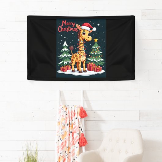 Giraffe Vrolijk Kerstboom Verlichting Santa Giraff Spandoek (Insitu)