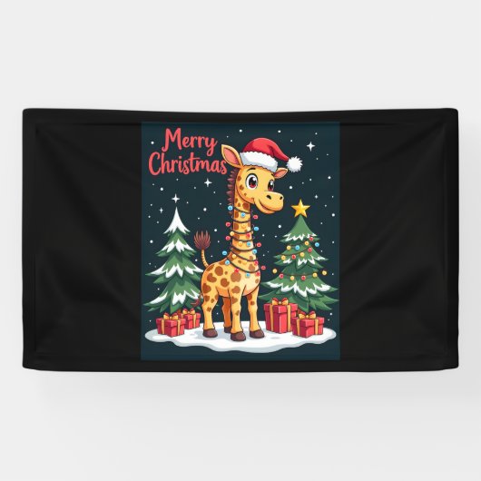 Giraffe Vrolijk Kerstboom Verlichting Santa Giraff Spandoek (Horizontaal)