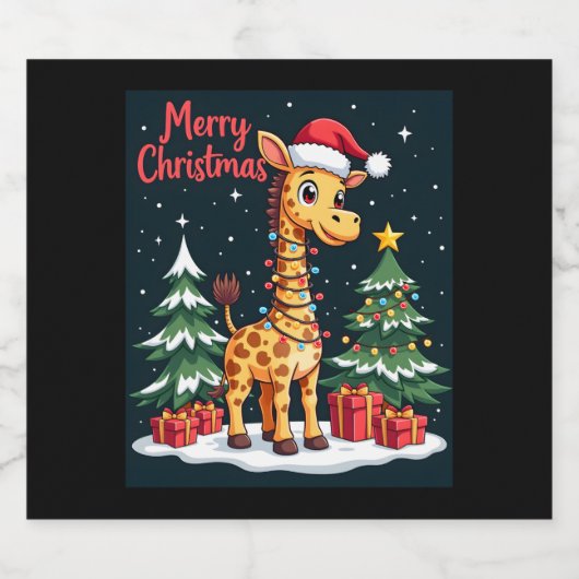 Giraffe Vrolijk Kerstboom Verlichting Santa Giraff Sparkling Wijnetiket (Enkel label)