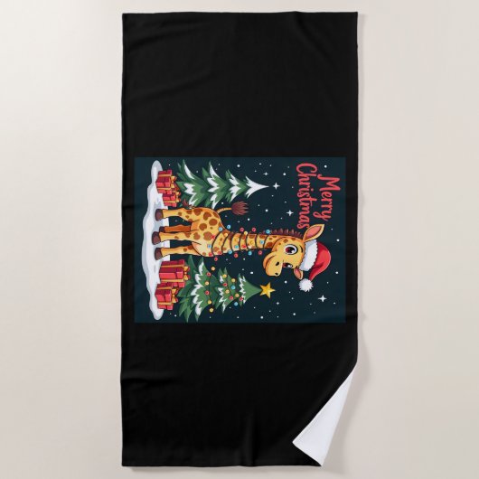 Giraffe Vrolijk Kerstboom Verlichting Santa Giraff Strandlaken (Voorkant)