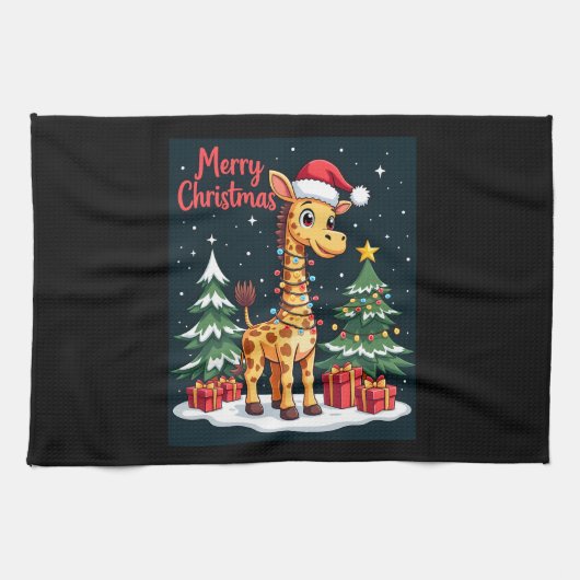 Giraffe Vrolijk Kerstboom Verlichting Santa Giraff Theedoek (Horizontaal)