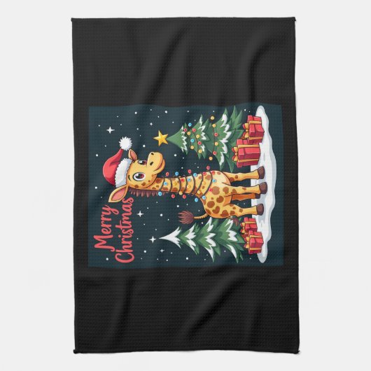 Giraffe Vrolijk Kerstboom Verlichting Santa Giraff Theedoek (Verticaal)