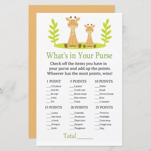 Giraffe Wat zit er in je handtas baby shower (Voorkant / Achterkant)