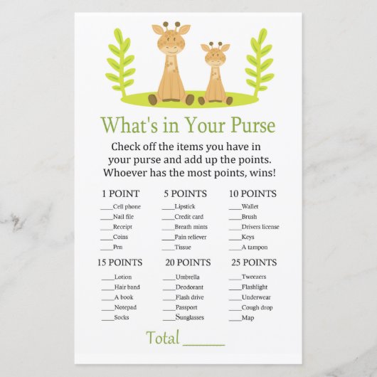 Giraffe Wat zit er in je handtas baby shower (Voorkant)