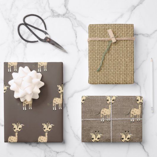 Giraffe Waterverf Faux Burlap Inpakpapier Vel (Voorkant)