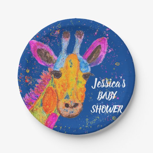 Giraffe Waterverf Safari Oerwoud Blue Baby shower Papieren Bordje (Voorkant)