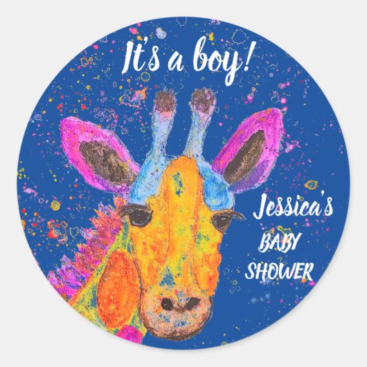 Giraffe Waterverf Safari Oerwoud Blue Baby shower Ronde Sticker (Voorkant)