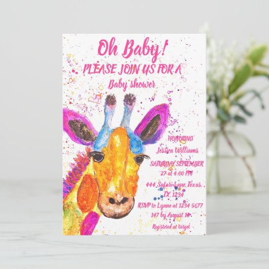 Giraffe Waterverf Safari Oerwoud Cute Baby shower Kaart (Staand voorkant)