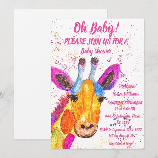 Giraffe Waterverf Safari Oerwoud Cute Baby shower Kaart (Voorkant / Achterkant)
