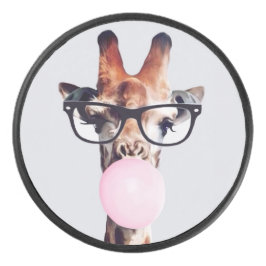 Giraffe wearing glasses blowing a pink bubble gum hockey puck