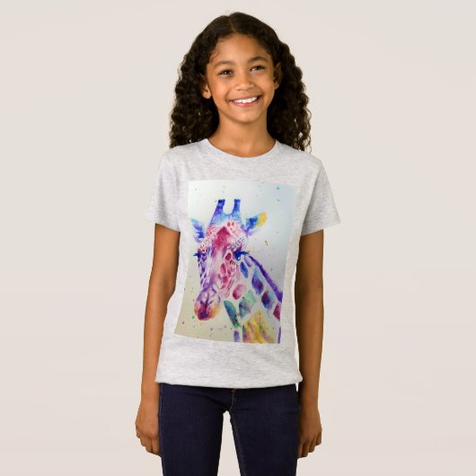 Giraffe Whimsical Waterverf grijs Meisjes T Shirt (Voorkant volledig)