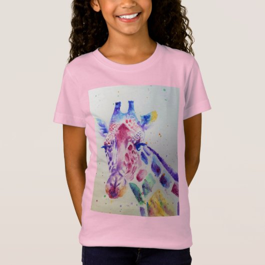 Giraffe Whimsical Waterverf roze Girls T Shirt (Voorkant)
