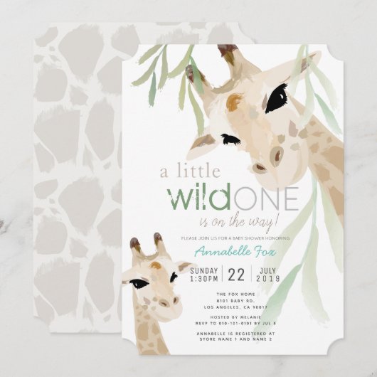 Giraffe Wild Een Waterverf Grijs Baby shower Kaart (Voorkant / Achterkant)