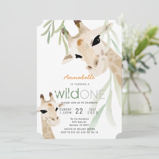 Giraffe Wild Een Waterverf Kinder 1e Verjaardag Kaart (Staand voorkant)