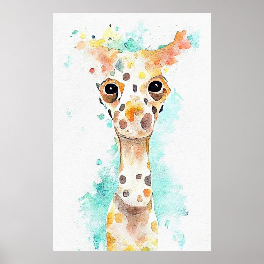 Giraffe Wilde Dier Natuur Waterverf Kunst Schilder Poster (Voorkant)