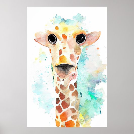 Giraffe Wilde Dier Natuur Waterverf Kunst Schilder Poster (Voorkant)