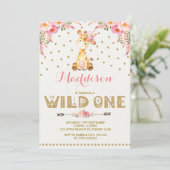 Giraffe WILT ÉÉN uitnodiging roze goudplein (Staand voorkant)