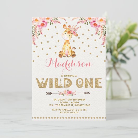 Giraffe WILT ÉÉN uitnodiging roze goudplein (Staand voorkant)