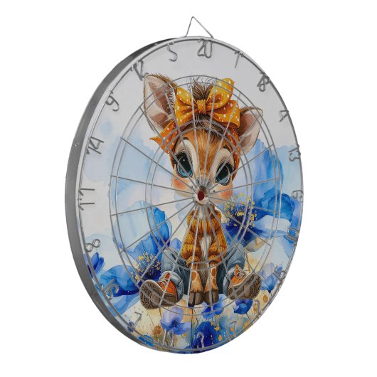Giraffe with polka dot bow blue poppies dartbord (Voorkant Links)