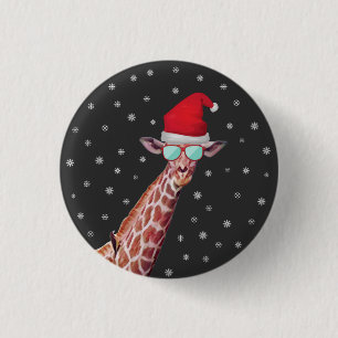 Giraffe With Santa Hat and Sunglasses on Black Ronde Button 3,2 Cm