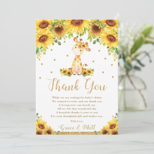 Giraffe Zonnebloem Baby shower Bedankkaart (Staand voorkant)