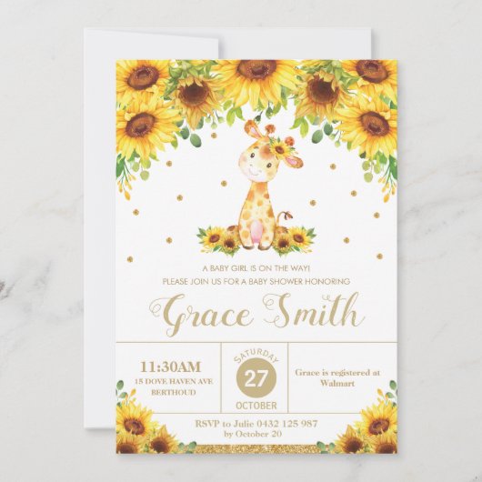 Giraffe Zonnebloem Bloemen Baby shower Meisje Kaart (Voorkant)