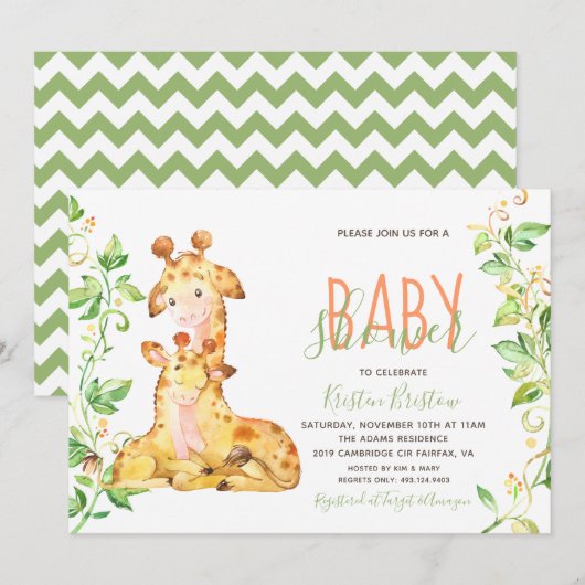 Giraffe Zoo Dieren Baby shower Uitnodiging (Voorkant / Achterkant)