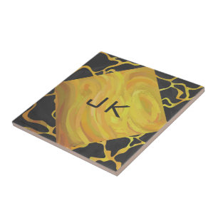 Giraffe, zwart en geel afdrukken tegeltje