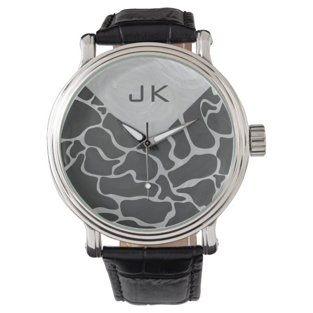 Giraffe zwart en lichte grijze monogram horloge (Voorkant)