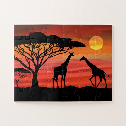 Giraffen Afrikaanse Zonsondergang Legpuzzel (Horizontaal)