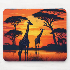Giraffen bij het watergat bij zonsondergang muismat