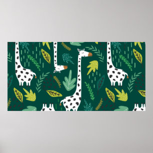 Giraffen, bladeren, handgetekende achtergrond. Kle Poster