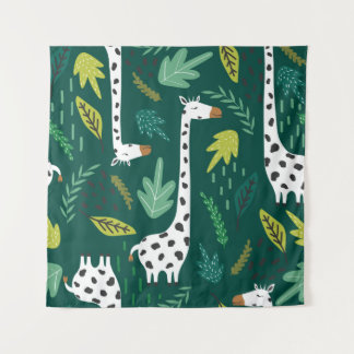 Giraffen, bladeren, handgetekende achtergrond. Kle Wandkleed