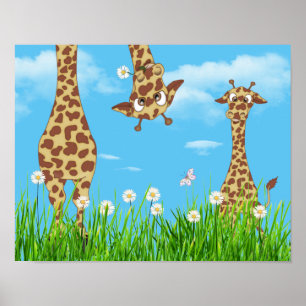Giraffen in gras met wolken poster