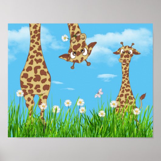 Giraffen in gras met wolken poster (Voorkant)