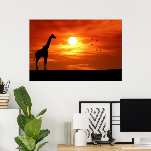 Giraffensilhouet bij zonsondergang poster (Thuiskantoor)