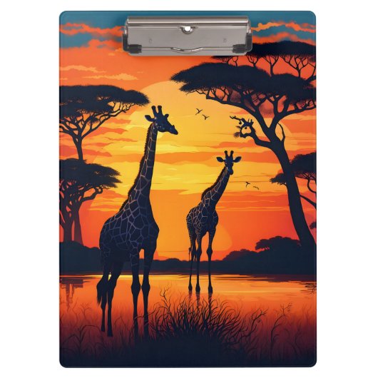 Giraffes bij de Watering Hole bij zonsondergang Klembord (Voorkant)