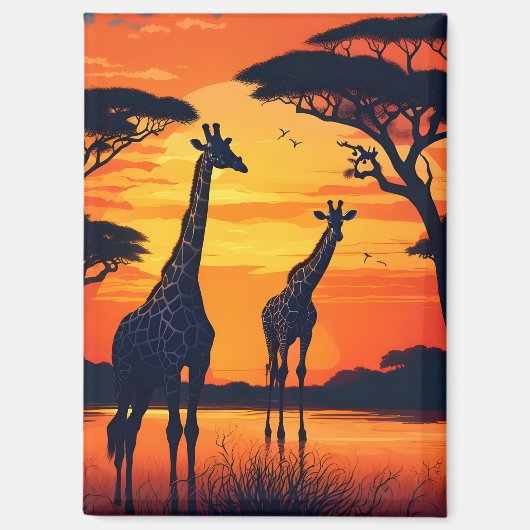 Giraffes bij de Watering Hole bij zonsondergang Magneet (Voorkant)