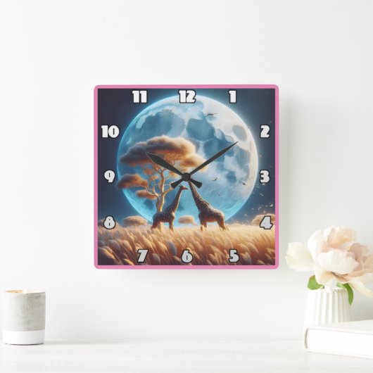 Giraffes bij volle maan in Afrika Vierkante Klok (Huis)