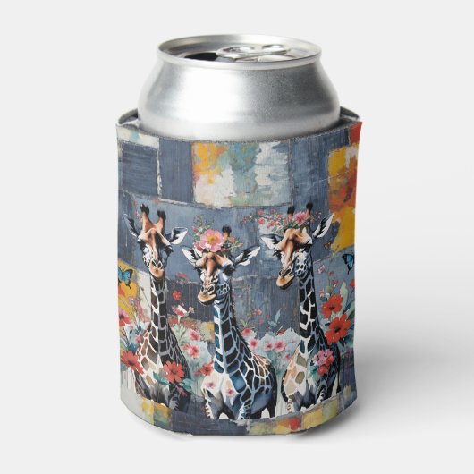 Giraffes Bloemen op Retro Denim Patchwork Blikjeskoeler (Blikje Voorkant)