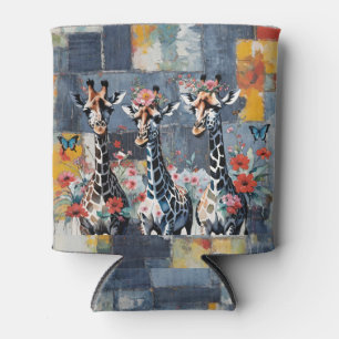 Giraffes Bloemen op Retro Denim Patchwork Blikjeskoeler