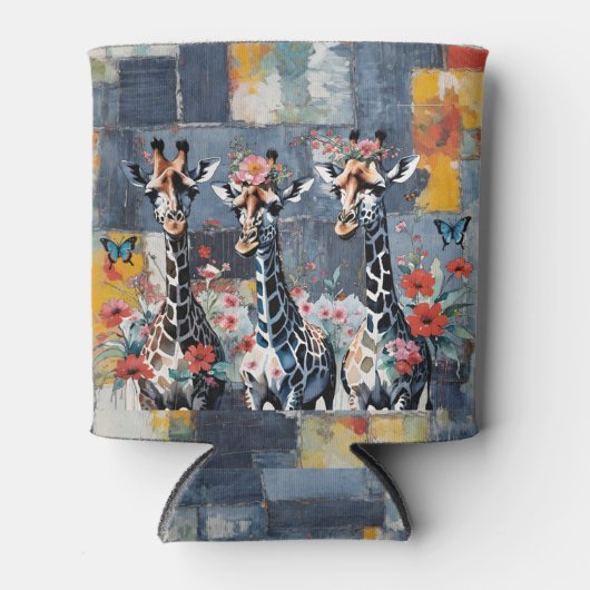Giraffes Bloemen op Retro Denim Patchwork Blikjeskoeler (Voorkant)