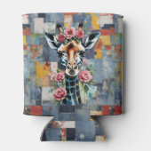 Giraffes Bloemen op Retro Denim Patchwork Blikjeskoeler (Achterkant)