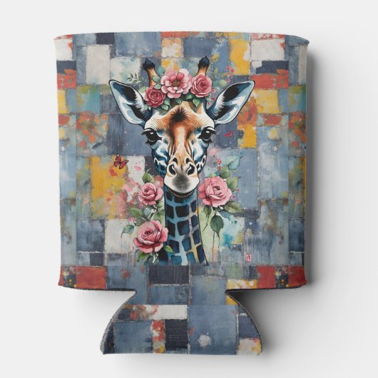 Giraffes Bloemen op Retro Denim Patchwork Blikjeskoeler (Achterkant)