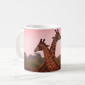 Giraffes die in Mopani bomen staan met roze lucht Koffiemok (Voorkant links)