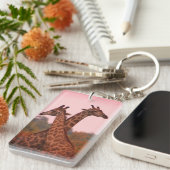 Giraffes die in Mopani bomen staan met roze lucht Sleutelhanger (Voorkant Rechts)