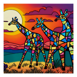 Giraffes in de savanne onder de avondzon perfect poster
