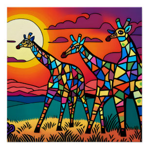 Giraffes in de savanne onder de avondzon perfect poster