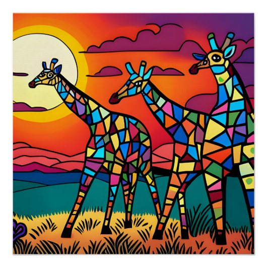 Giraffes in de savanne onder de avondzon perfect poster (Voorkant)